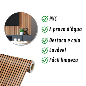 Papel de parede ripado 3D autocolante feito de PVC, material à prova d'água de fácil instalação método destaca e cola. Além disso, é lavável e de fácil limpeza