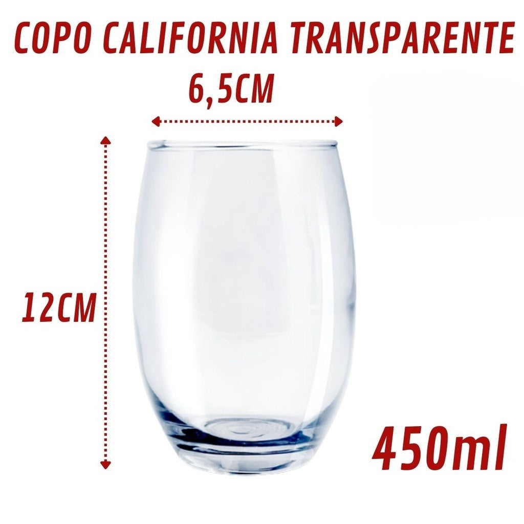 Imagem mostrando as dimensões do Kit 6 Copos Redondos de Vidro 450ml: 6,5 centímetros de diâmetris; 12 centímetros de altura.