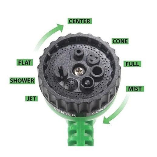 Ponteira da mangueira de jardim mostrando as 7 formas diferentes de jato de agua