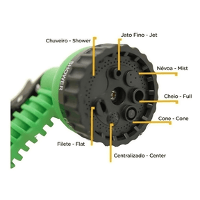 Ponteira da mangueira de jardim mostrando as 7 formas diferentes de jato de agua