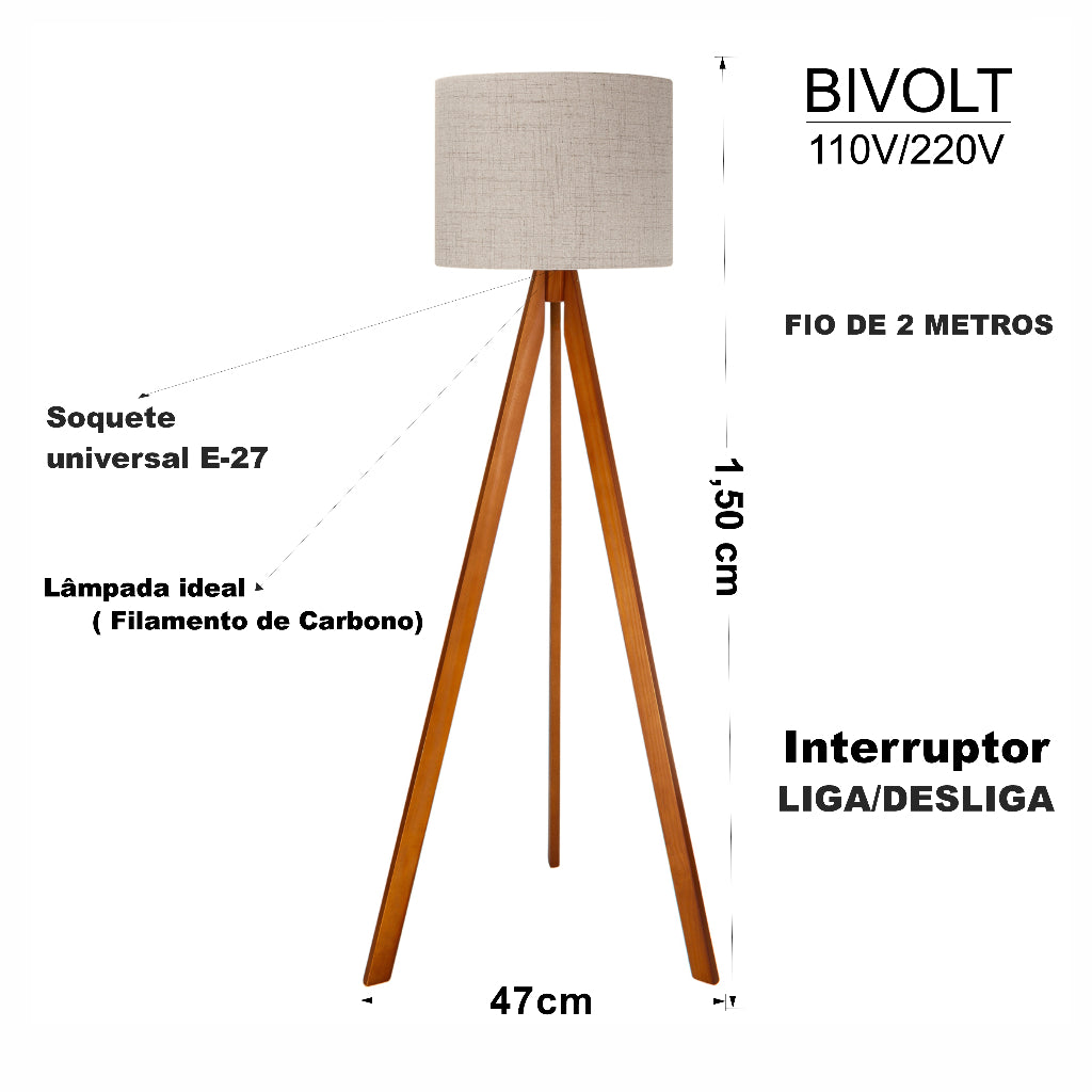 Imagem mostrando as características do Abajur de Chão Tripé 1,50 Metros.