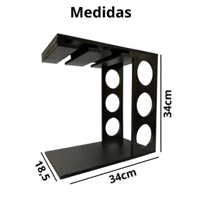 Imagem mostrando as medidas da Adega Rústica para Vinhos e Taças: 34 centímetros de altura; 34 centímetros de comprimento e 18,5 Centímetros de largura.