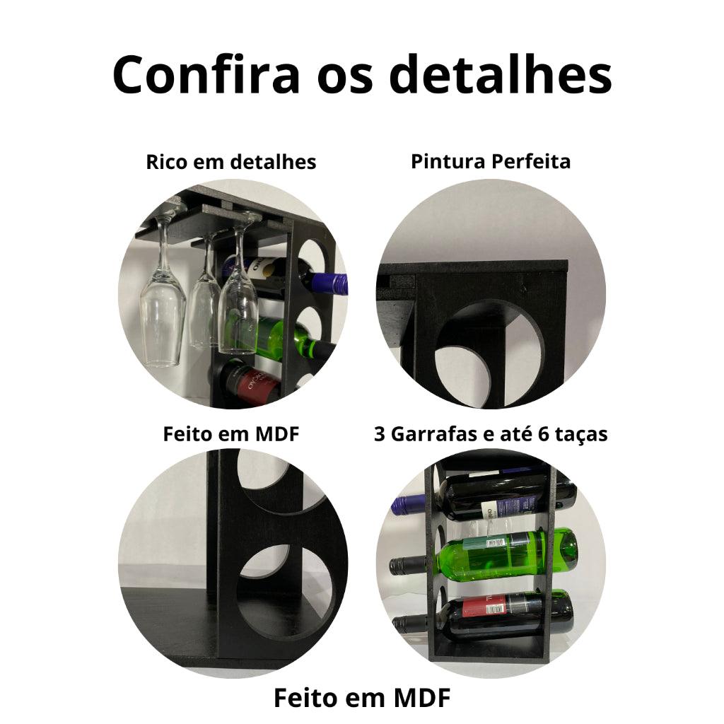 Imagem mostrando características da Adega Rústica para Vinhos e Taças: Rico em detalhes; Pintura perfeita; Feito em MDF; Suporta 3 garrafas e até 6 taças.