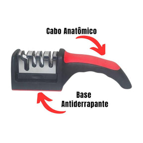 Afiador de facas em aço inox com 4 afiadores, cabo anatômico e base antiderrapante