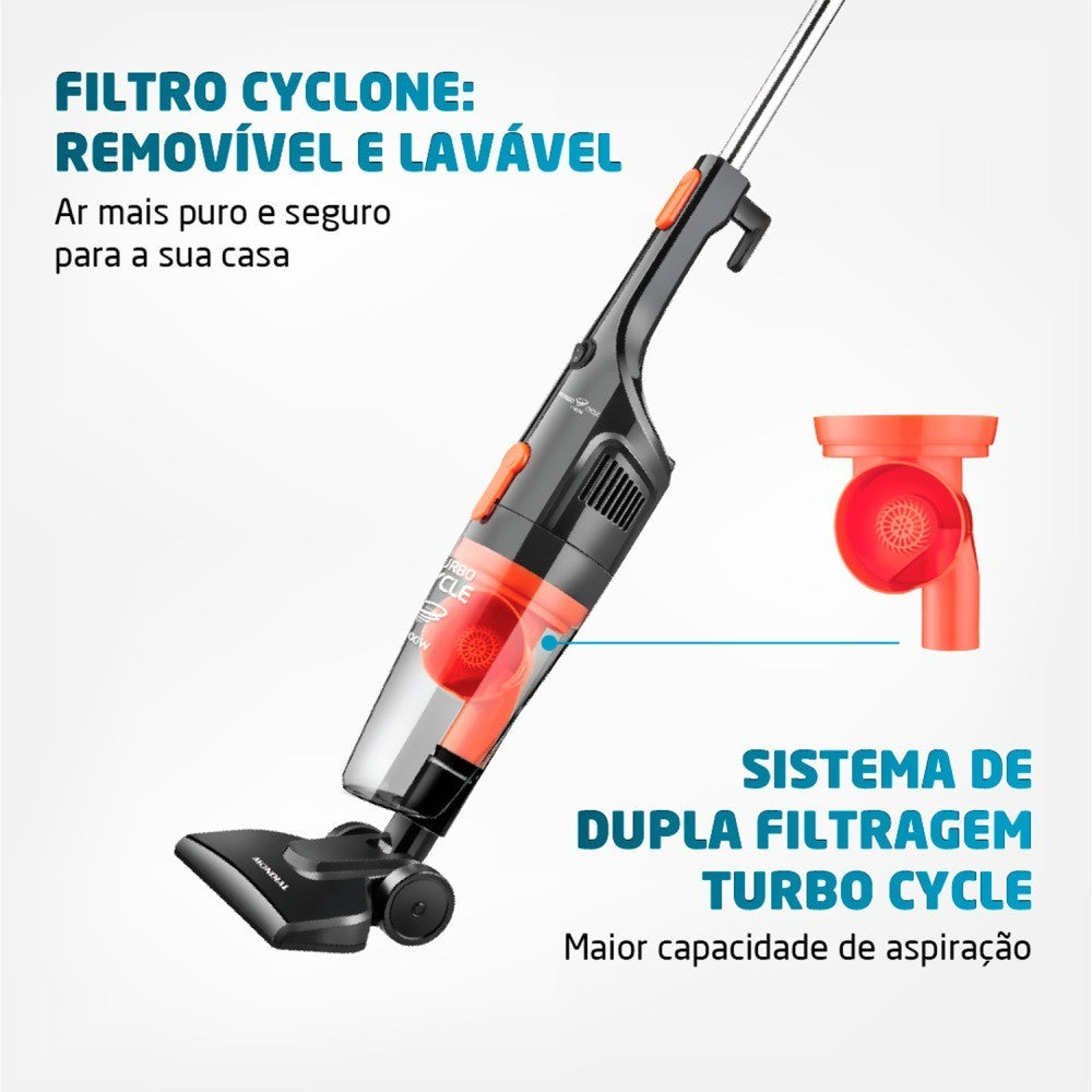 Imagem mostrando as características do Aspirador de Pó 2 em 1 Turbo Cycle Preto Mondial: Filtro Cyclone removível e lavável; Sistema de dubla filtragem Turbo Cycle.