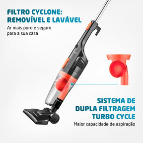 Imagem mostrando as características do Aspirador de Pó 2 em 1 Turbo Cycle Preto Mondial: Filtro Cyclone removível e lavável; Sistema de dubla filtragem Turbo Cycle.