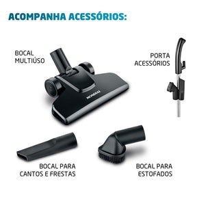 Imagem mostrando as características do Aspirador de Pó 2 em 1 Turbo Cycle Preto Mondial: Acompanha bocal multiúso, bocal para cantos e frestas, bocal para estofados, porta acessórios.