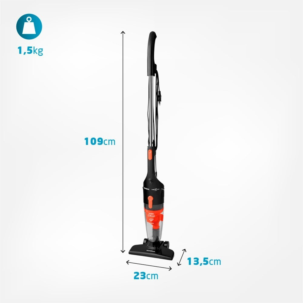 Imagem mostrando as medidas do Aspirador de Pó 2 em 1 Turbo Cycle Preto Mondial: 109 centímetros de altura; 23 centímetros de comprimento e 13,5 centímetros de largura.