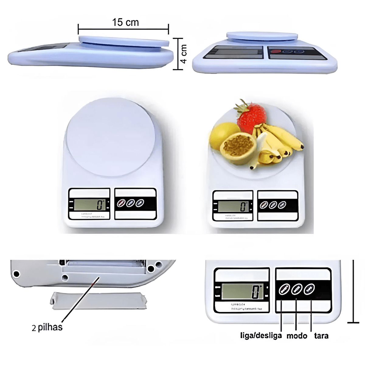 Dimensões da balança de precisão para pesar alimentos antes de cozinha. Capacidade de até 10 quilos