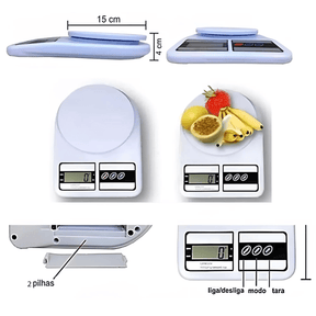 Dimensões da balança de precisão para pesar alimentos antes de cozinha. Capacidade de até 10 quilos