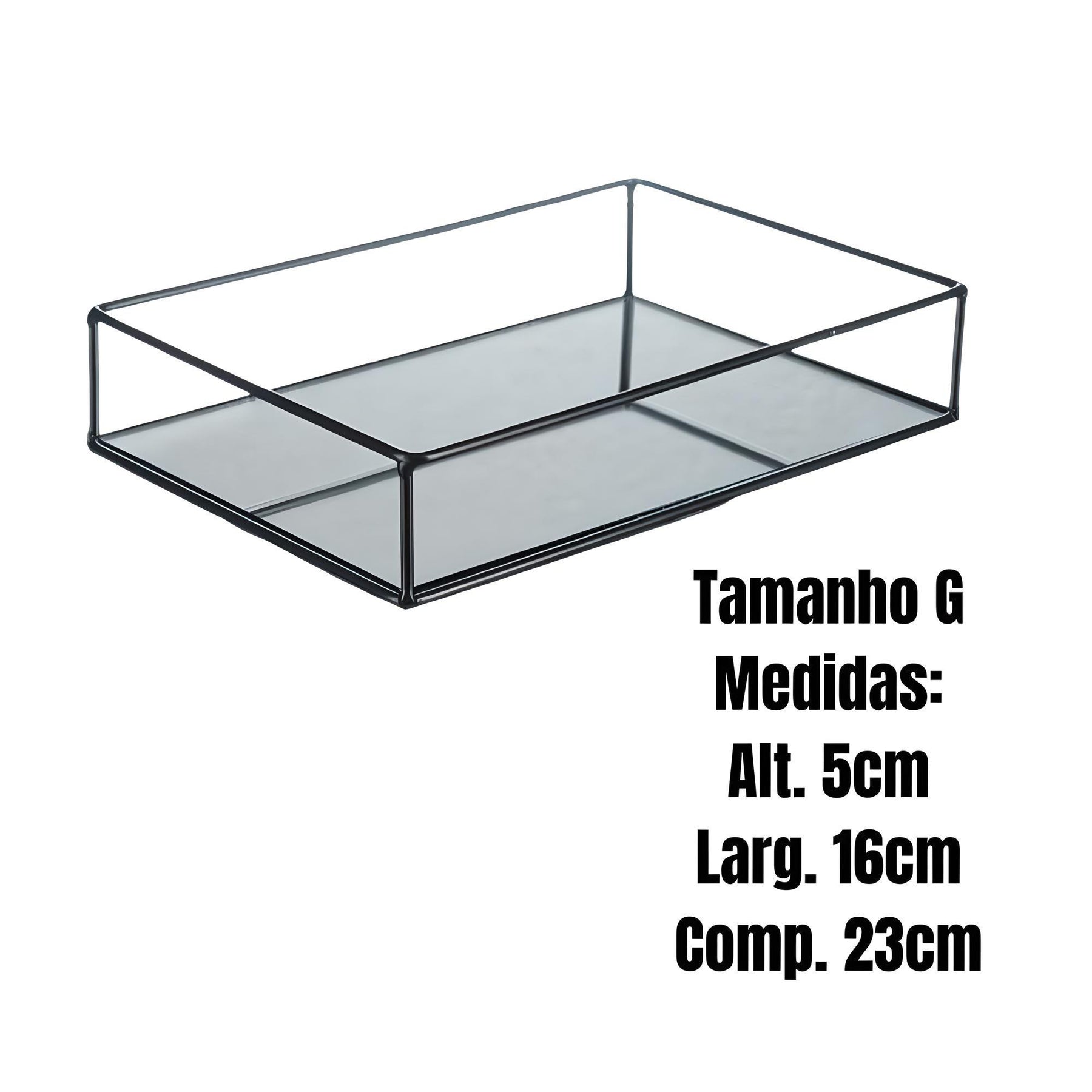 Imagem da Bandeja Decorativa Preta Espelhada Grande e suas medidas: 5 centímetros de Altura; 16 centímetros de Largura e 23 centímetros de comprimento.