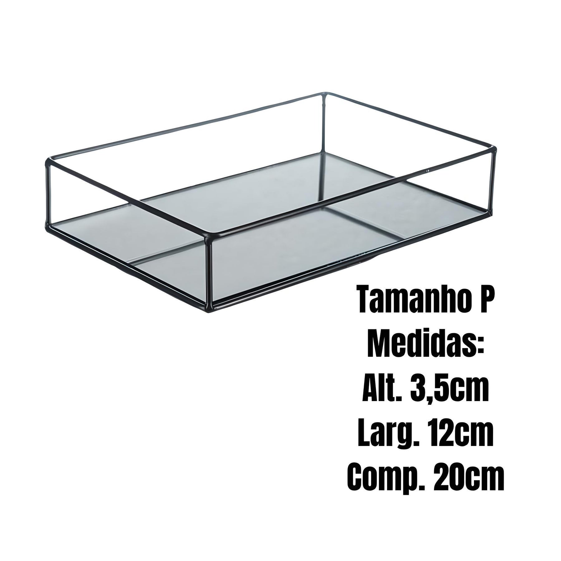 Imagem da Bandeja Decorativa Preta Espelhada Pequena e suas medidas: 3,5 centímetros de Altura; 12 centímetros de Largura e 20 centímetros de comprimento.