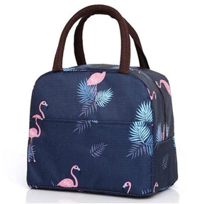 Bolsa térmica portátil azul com estampa de flamingo e alça marrom