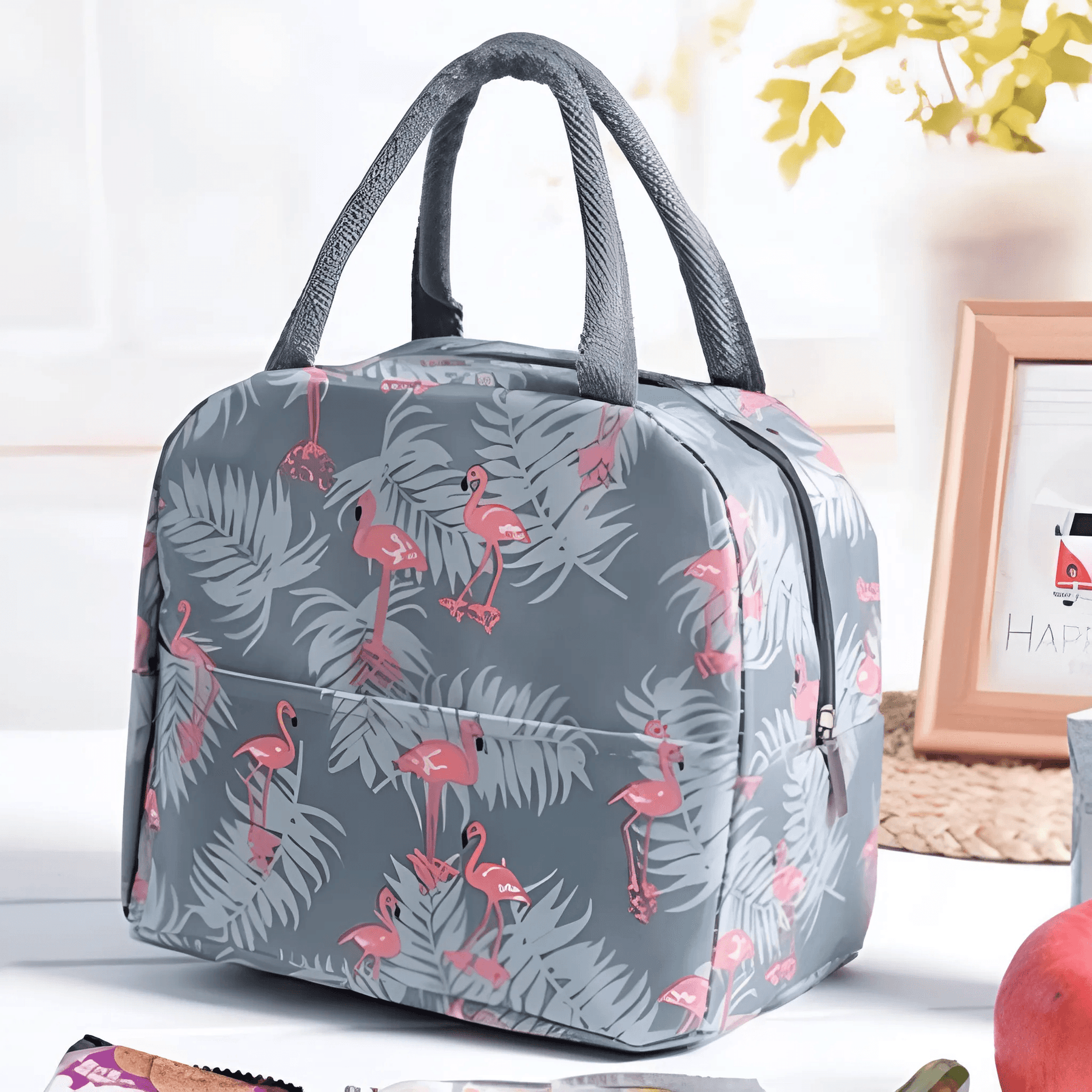 Bolsa térmica portátil cinza com estampa de flamingo e alça cinza