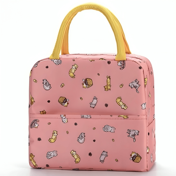 Bolsa térmica portátil de cor rosa com estampa de gatinhos e alça amarela