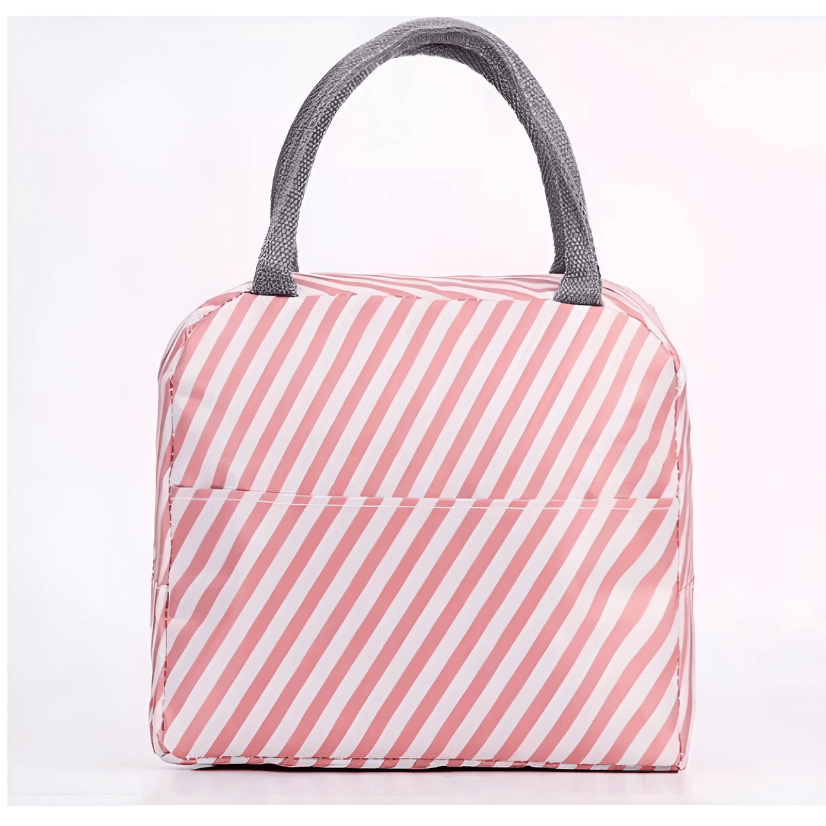 Bolsa térmica portátil com rosa com listras brancas na diagonal e alça cinza