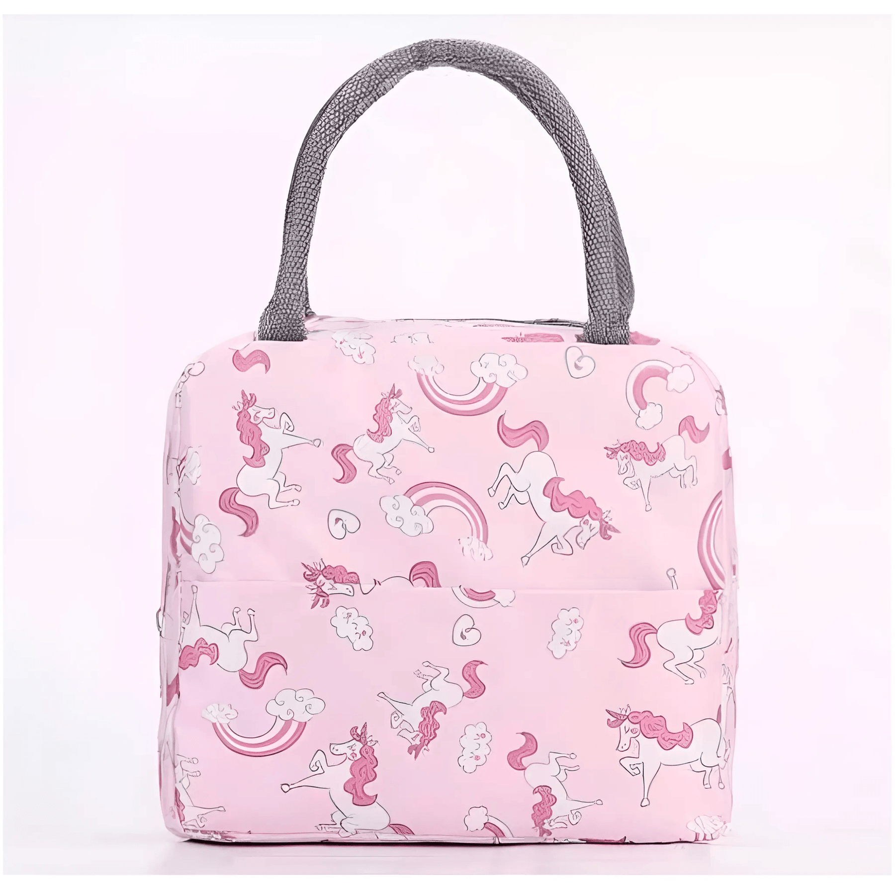 Bolsa térmica portátil cor rosa com estampa de unicórnio e alça cinza