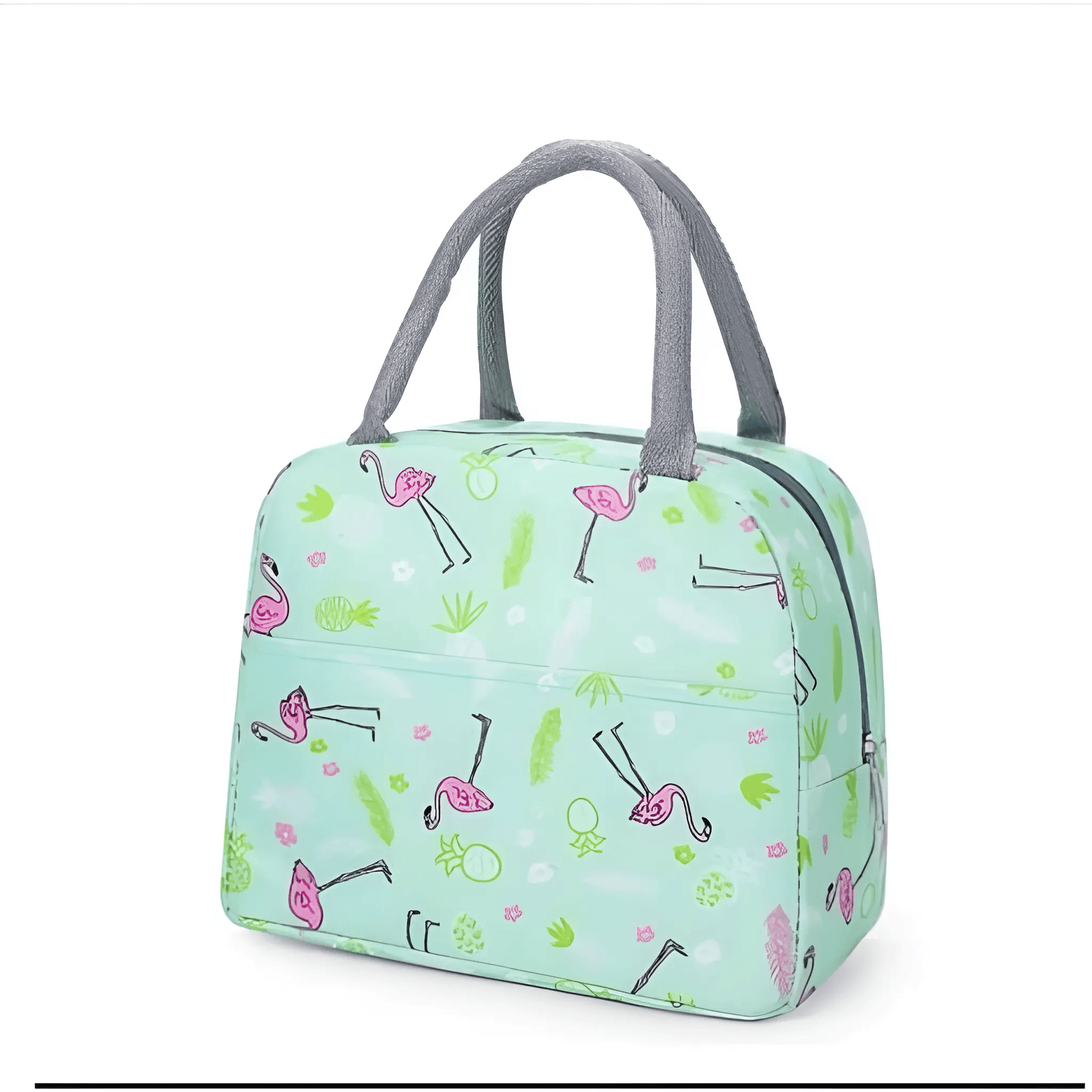 Bolsa térmica portátil cor verde com estampa de flamingo e alça cinza