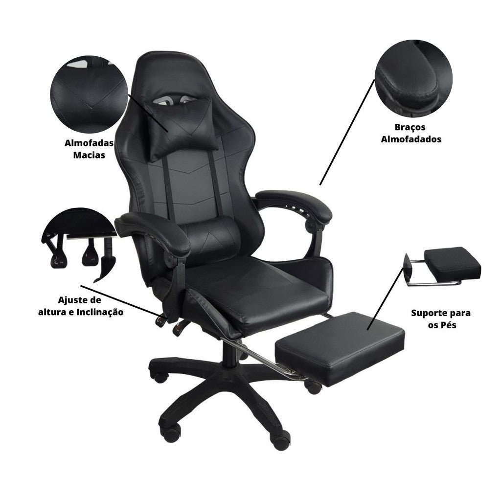 Imagem mostrando as características da Cadeira Gamer Stillus Ergonômica: Almofadas macias; Braços almofadados; Ajuste de altura e inclinação; Suporte para os pés.