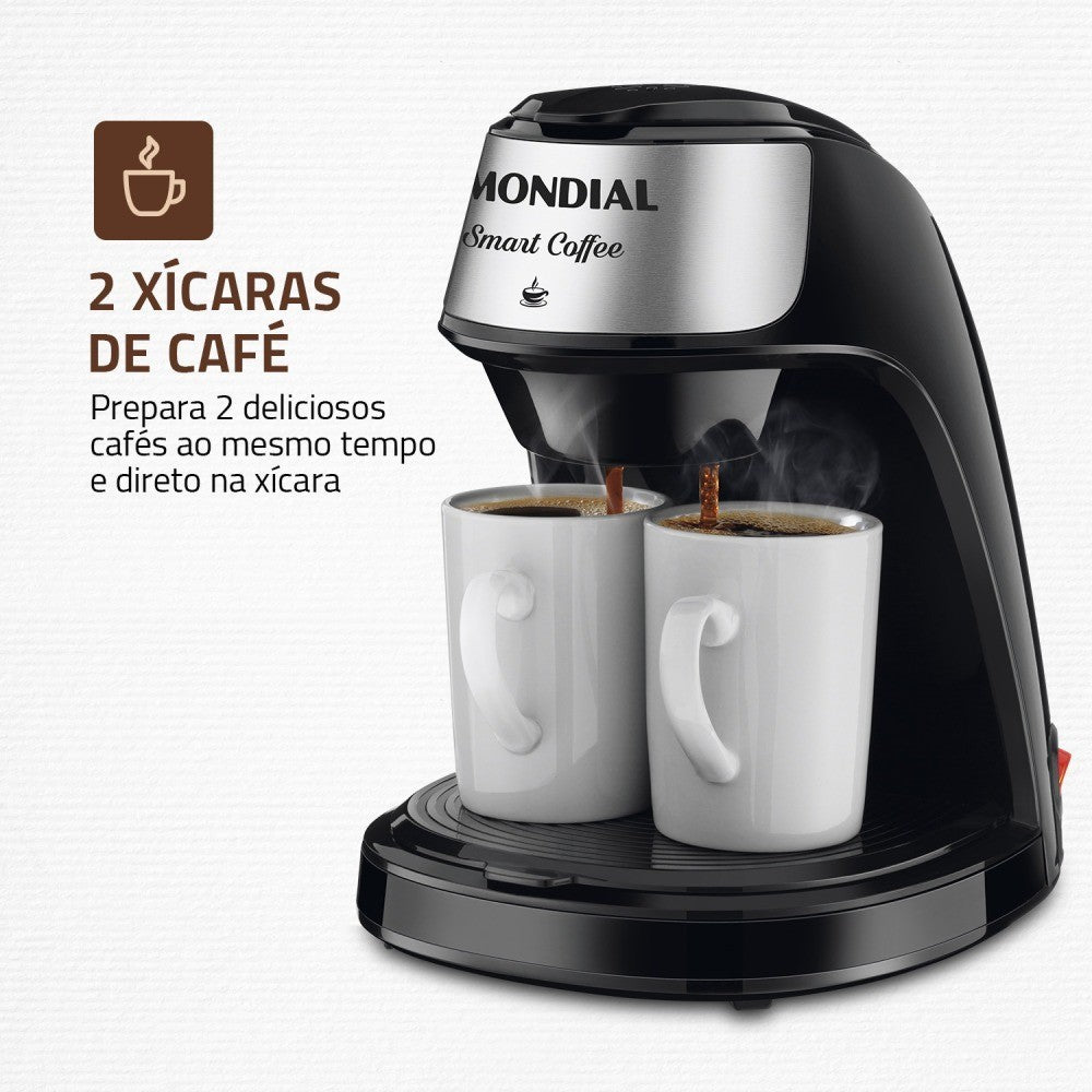 Imagem mostrando as características da Cafeteira Elétrica Mondial para 2 Xícaras: Comporta 2 xícaras de café