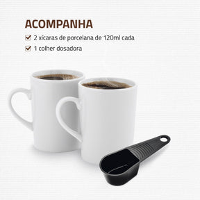 Imagem mostrando as características da Cafeteira Elétrica Mondial para 2 Xícaras: Acompanha 2 xícaras de porcelana de 120 milílitros cada e 1 colher dosadora.