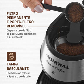 Imagem mostrando as características da Cafeteira Elétrica Mondial para 2 Xícaras: Possui filtro permanente e porta-filtro removível; Tampa Basculante.