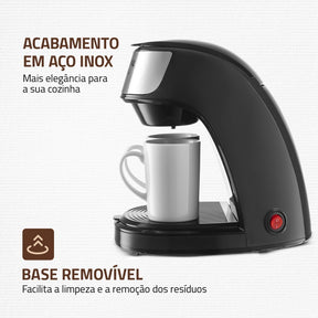 Imagem mostrando as características da Cafeteira Elétrica Mondial para 2 Xícaras: Acabamento em aço inox; Base removível.