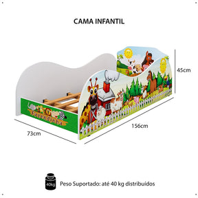 Imagem mostrando as medidas da Cama Infantil Montessoriana Segura: 45 centímetros de altura; 73 centímetros de largura e 156 centímetros de comprimento.