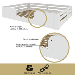 Imagem detalhada da Cama Infantil Montessoriana: Cama de casal; Possui cantos arredondados; Estrados compensados; Fácil limpeza e Alta Resistência.