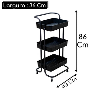 Imagem mostrando as medidas do Carrinho Organizador Multiuso: 86 centímetros de altura, 43 centímetros de comprimento e 36 centímetros de largura.