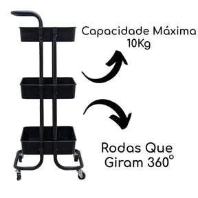 Imagem informativa sobre o Carrinho Organizador Multiuso, capacidade máxima de cada prateleira de 10kg e as rodas giram 360 graus.