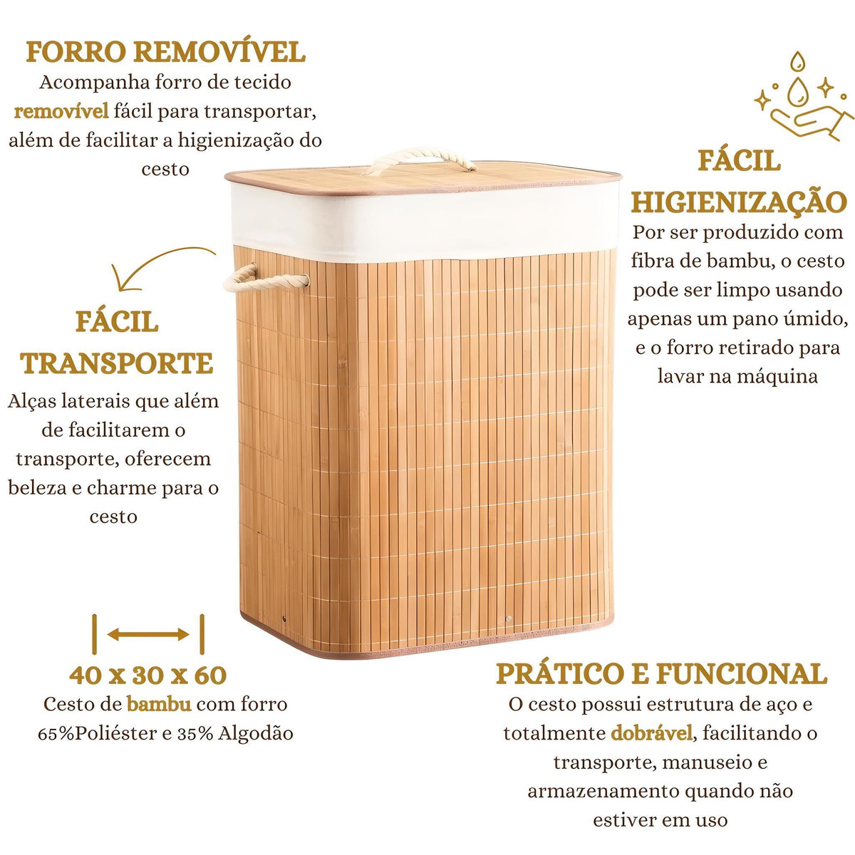 Imagem mostrando as qualidades do Cesto de Roupa de Bambu 70 Litros. Forro removível, Fácil transporte, Fácil higienização, prático e funcional. 