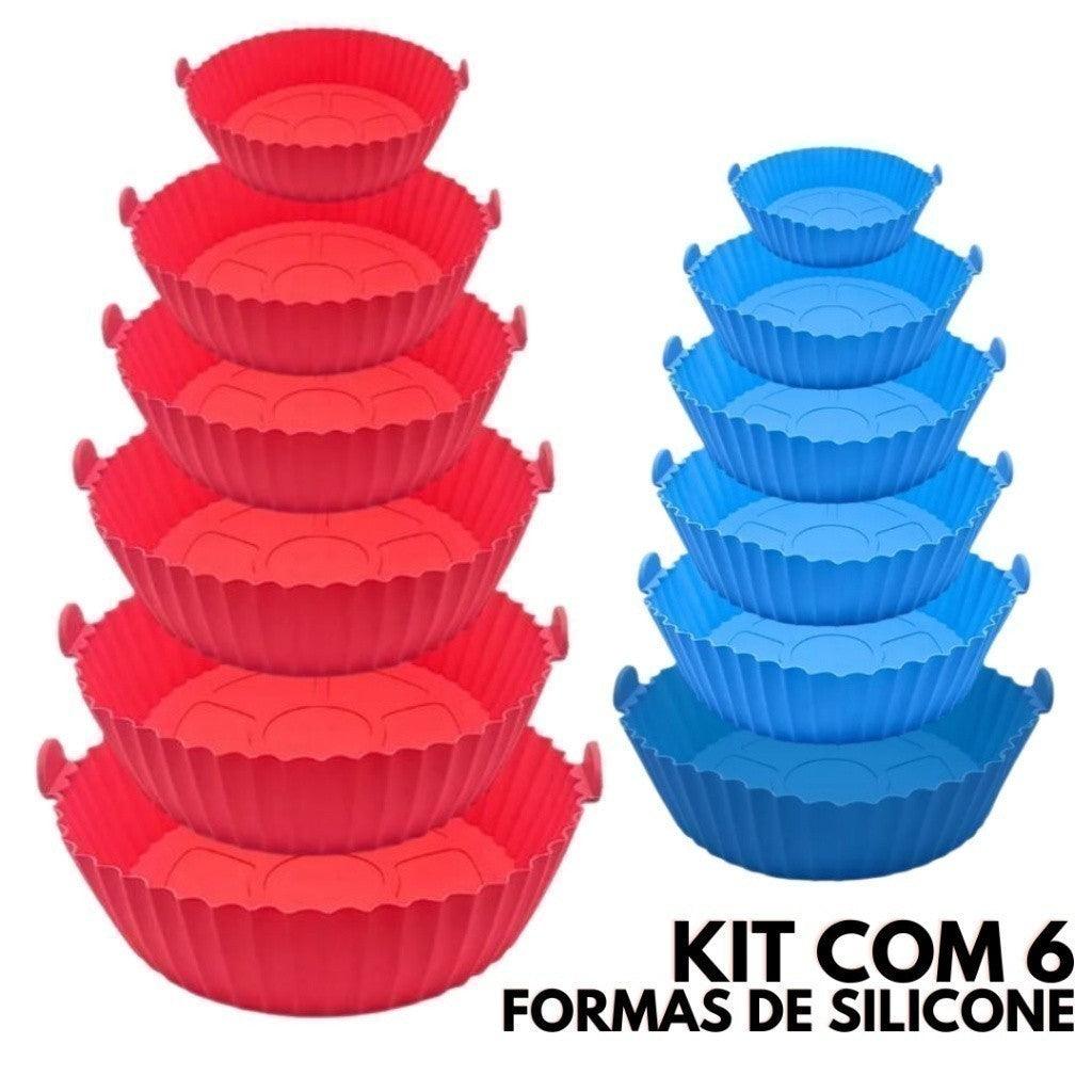 6 formas de silicone formato redondo para assar em air fryer de cor vermelha e azul