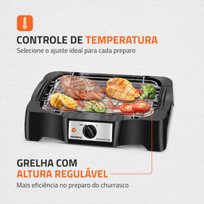 Imagem mostrando as características da Churrasqueira Elétrica Portátil Mondial: Controle de temperatura; Grelha com altura regulável.