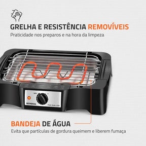 Imagem mostrando as características da Churrasqueira Elétrica Portátil Mondial: Grelha e resistência removíveis; Bandeja de água.