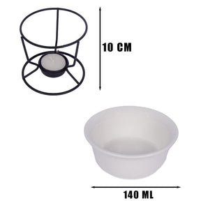 Imagem mostrando especificações do Conjunto para Fondue: Suporte com 10 centímetros de altura e panela com capacidade de 140 mililítros.