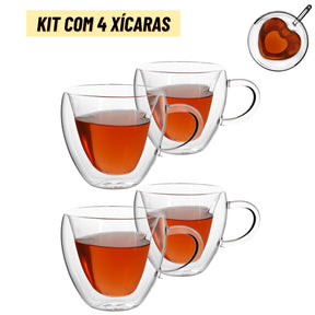 Imagem do Kit 4 Copos Parede Dupla de Vidro 80ml, Modelo: Xícaras de coração.