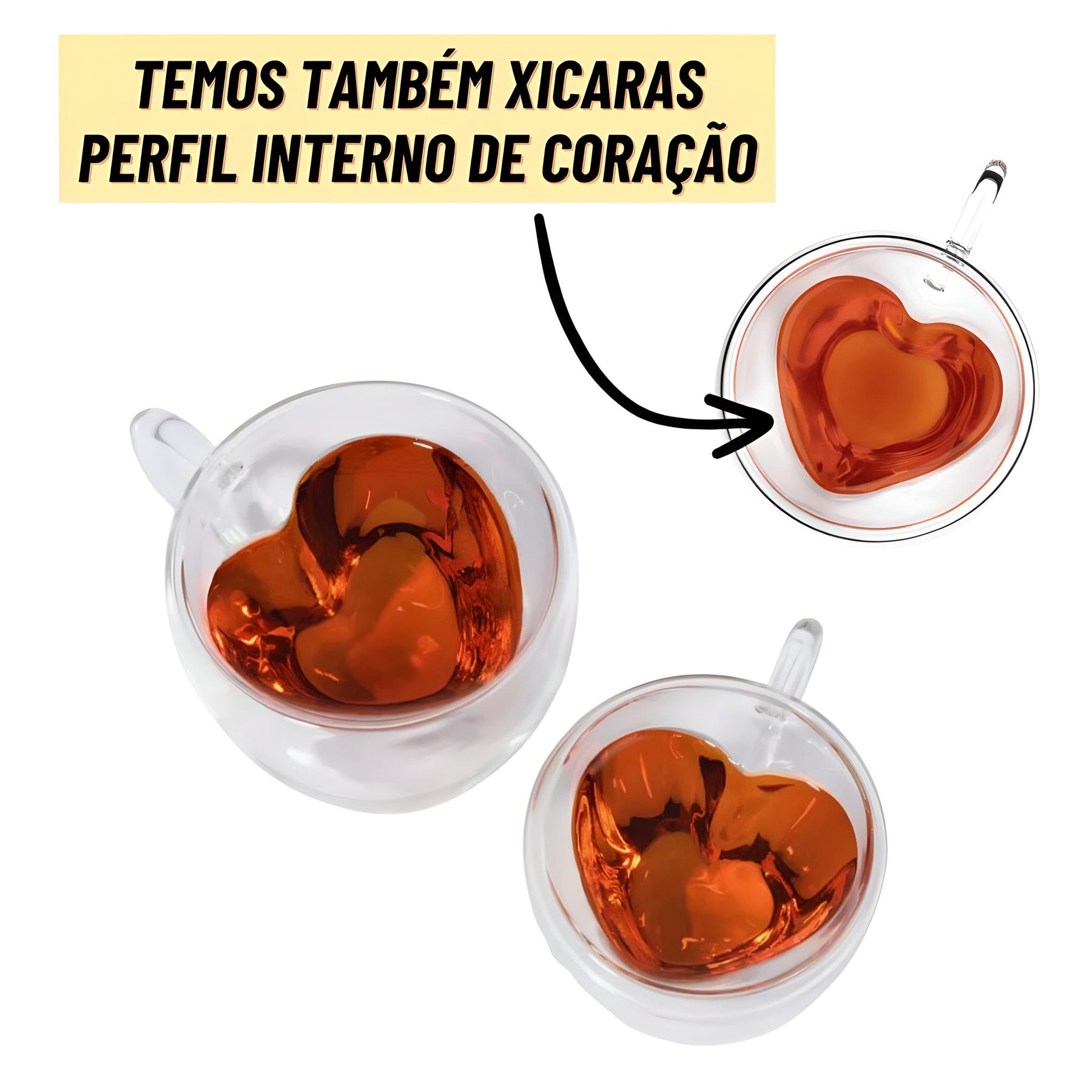 Imagem do Kit 4 Copos Parede Dupla de Vidro 80ml; Modelo: Xícaras de coração.