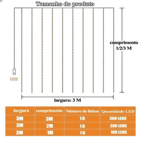 Imagem mostrando as medidas da Cortina de Luzes Modelo Cascata. 300 LEDS Tamanho: Largura: 3 metros; Altura: 3 metros.  200 LEDS Tamanho: Largura: 3 metros; Altura: 2 metros.  100 LEDS Tamanho: Largura: 3 metros; Altura: 1 metro.
