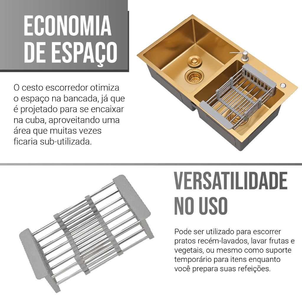 Imagem mostrando as características da Pia Dupla Gourmet Dourada em Aço Inox com Acessórios.