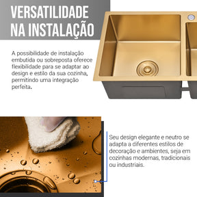 Imagem mostrando as características da Pia Dupla Gourmet Dourada em Aço Inox com Acessórios.