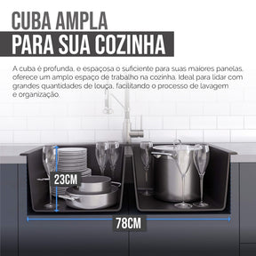 Imagem mostrando as características da Pia Dupla Gourmet Dourada em Aço Inox com Acessórios.