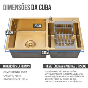 Imagem mostrando as características da Pia Dupla Gourmet Dourada em Aço Inox com Acessórios.