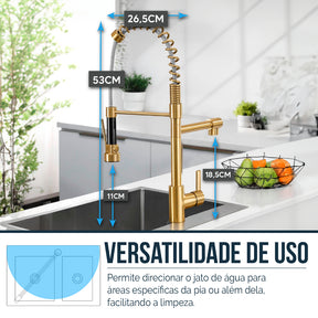 Imagem mostrando as características da Pia Dupla Gourmet Dourada em Aço Inox com Acessórios.