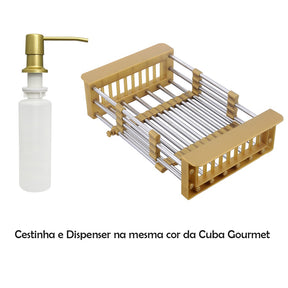 Imagem da cesta e dispenser da Cuba Gourmet inox Dourada com Acessórios.