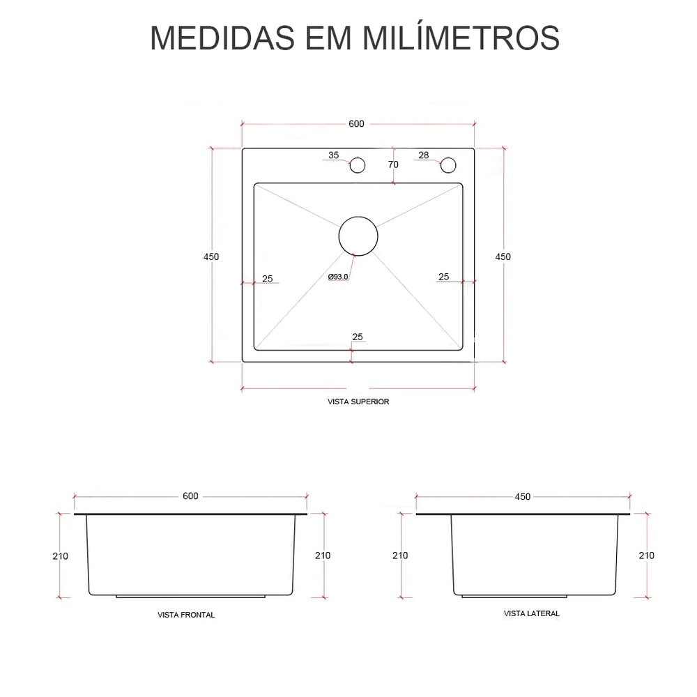 Imagem das medidas da Cuba Gourmet inox Dourada com Acessórios.