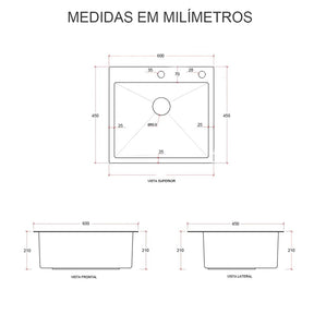 Imagem das medidas da Cuba Gourmet inox Dourada com Acessórios.