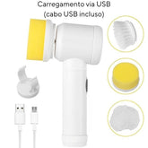 Kit completo da escova elétrica de limpeza com 3 acessórios de encaixe, um cabo USB para carregamento e um suporte de parede