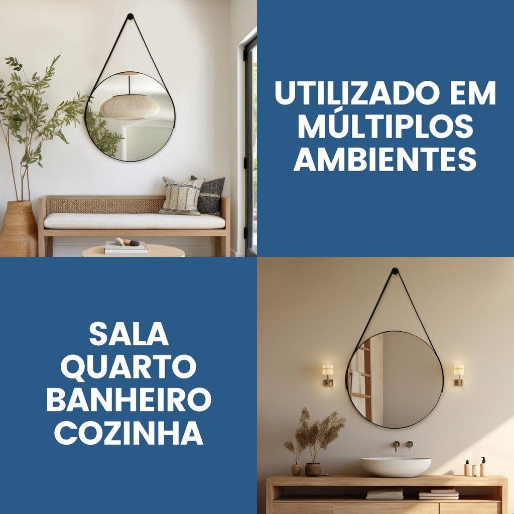 Espelho adnet de 40 centímetros pendurado por uma alça de couro pode ser utilizado em múltiplos ambientes como sala, quarta, banheiro e cozinha.