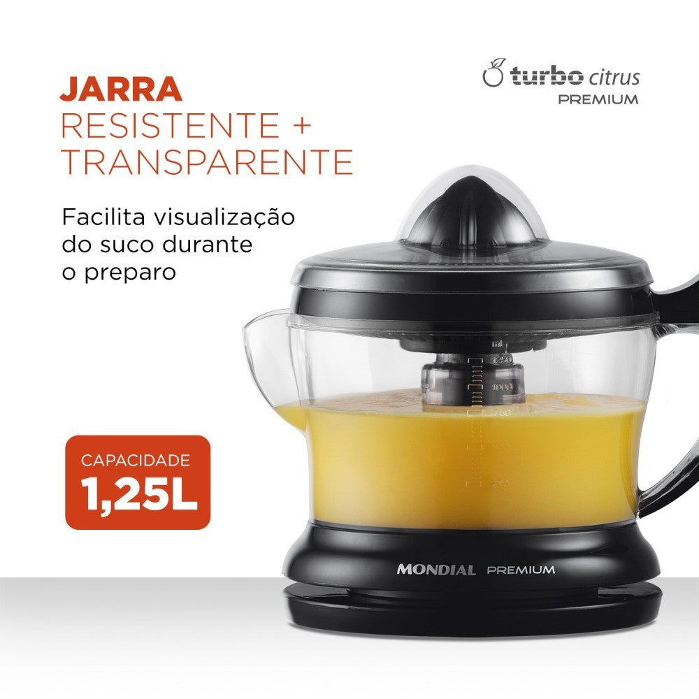 Imagem mostrando as características do Espremedor de Frutas 1,25 Litros Mondial: Jarraa resistente e transparente; Capacidade de 1,25 Litros.